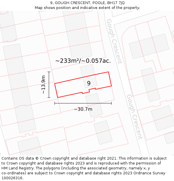 9, GOUGH CRESCENT, POOLE, BH17 7JQ: Plot and title map