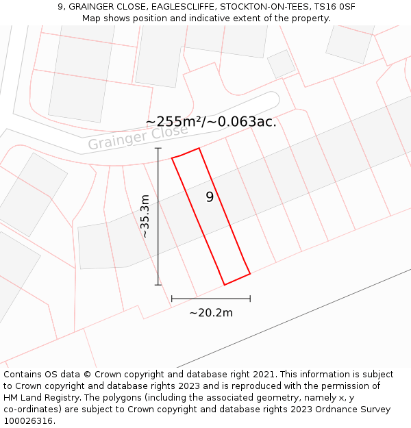 9, GRAINGER CLOSE, EAGLESCLIFFE, STOCKTON-ON-TEES, TS16 0SF: Plot and title map