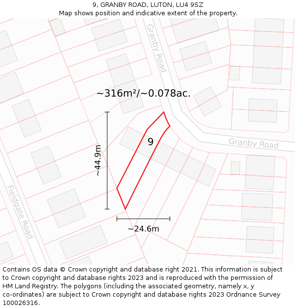 9, GRANBY ROAD, LUTON, LU4 9SZ: Plot and title map