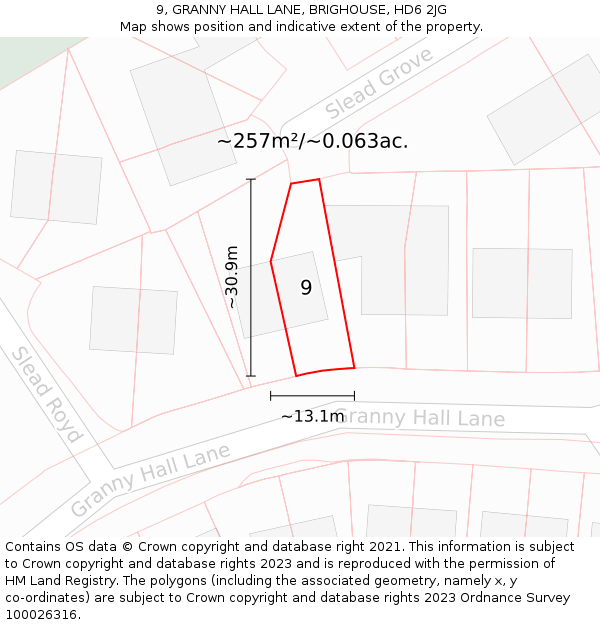 9, GRANNY HALL LANE, BRIGHOUSE, HD6 2JG: Plot and title map