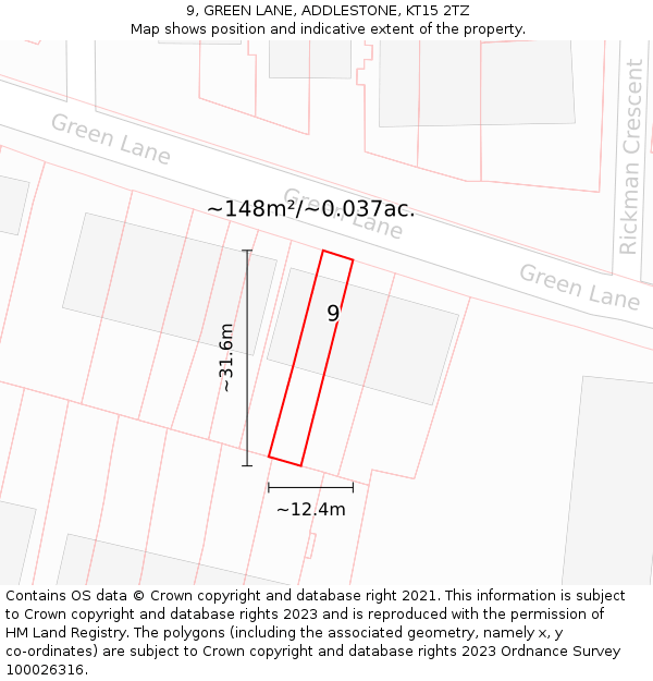 9, GREEN LANE, ADDLESTONE, KT15 2TZ: Plot and title map