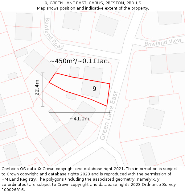 9, GREEN LANE EAST, CABUS, PRESTON, PR3 1JS: Plot and title map