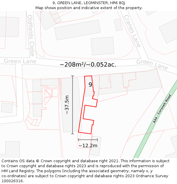 9, GREEN LANE, LEOMINSTER, HR6 8QJ: Plot and title map