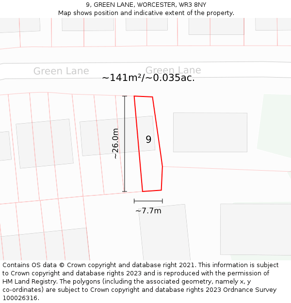 9, GREEN LANE, WORCESTER, WR3 8NY: Plot and title map