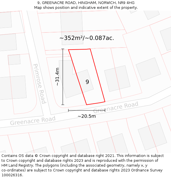 9, GREENACRE ROAD, HINGHAM, NORWICH, NR9 4HG: Plot and title map