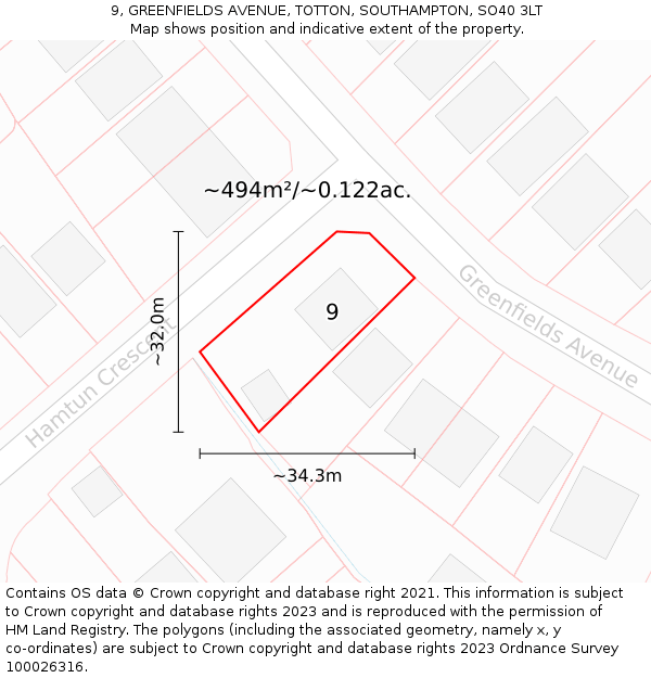 9, GREENFIELDS AVENUE, TOTTON, SOUTHAMPTON, SO40 3LT: Plot and title map