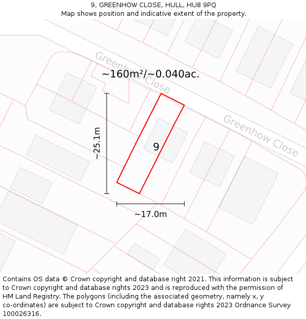 9, GREENHOW CLOSE, HULL, HU8 9PQ: Plot and title map