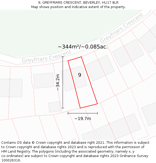 9, GREYFRIARS CRESCENT, BEVERLEY, HU17 8LR: Plot and title map