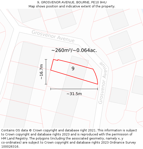 9, GROSVENOR AVENUE, BOURNE, PE10 9HU: Plot and title map