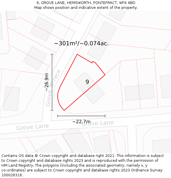 9, GROVE LANE, HEMSWORTH, PONTEFRACT, WF9 4BD: Plot and title map