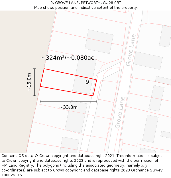 9, GROVE LANE, PETWORTH, GU28 0BT: Plot and title map