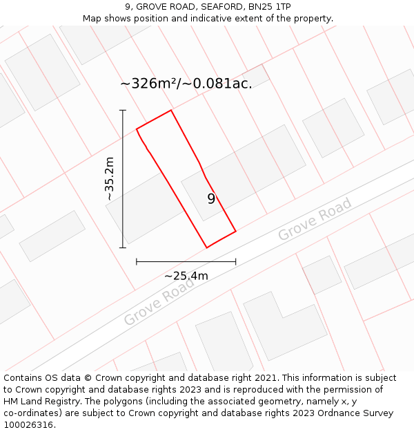 9, GROVE ROAD, SEAFORD, BN25 1TP: Plot and title map