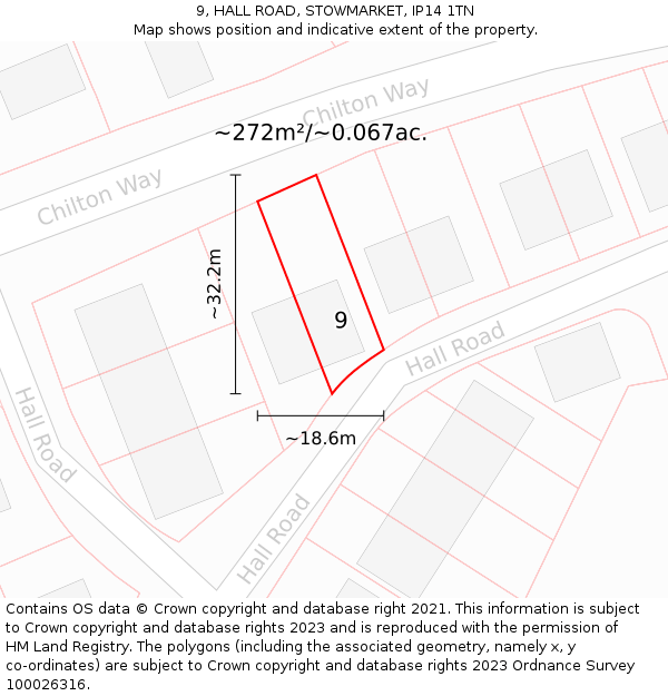 9, HALL ROAD, STOWMARKET, IP14 1TN: Plot and title map