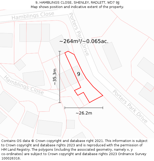 9, HAMBLINGS CLOSE, SHENLEY, RADLETT, WD7 9JJ: Plot and title map