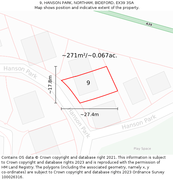 9, HANSON PARK, NORTHAM, BIDEFORD, EX39 3SA: Plot and title map