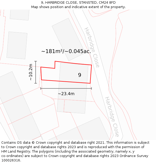 9, HARBRIDGE CLOSE, STANSTED, CM24 8FD: Plot and title map