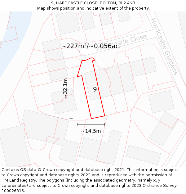 9, HARDCASTLE CLOSE, BOLTON, BL2 4NR: Plot and title map