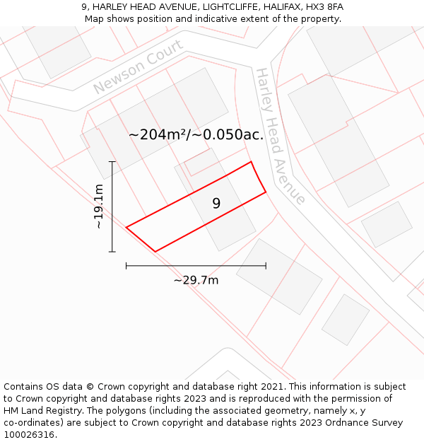 9, HARLEY HEAD AVENUE, LIGHTCLIFFE, HALIFAX, HX3 8FA: Plot and title map