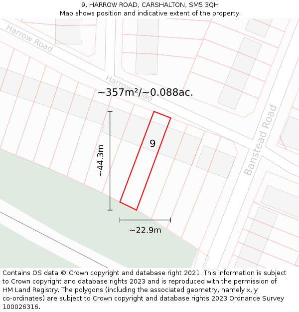 9, HARROW ROAD, CARSHALTON, SM5 3QH: Plot and title map