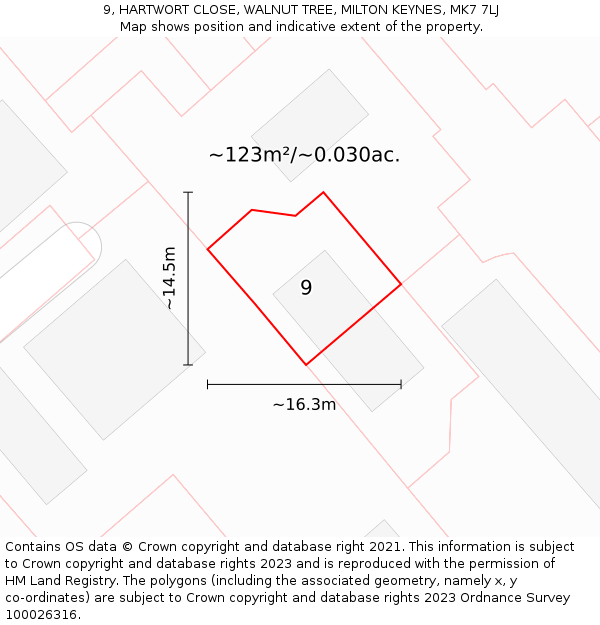 9, HARTWORT CLOSE, WALNUT TREE, MILTON KEYNES, MK7 7LJ: Plot and title map