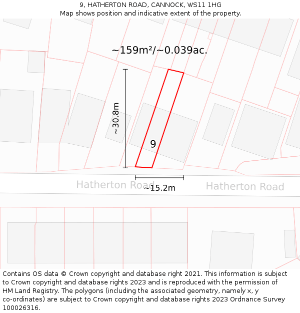 9, HATHERTON ROAD, CANNOCK, WS11 1HG: Plot and title map