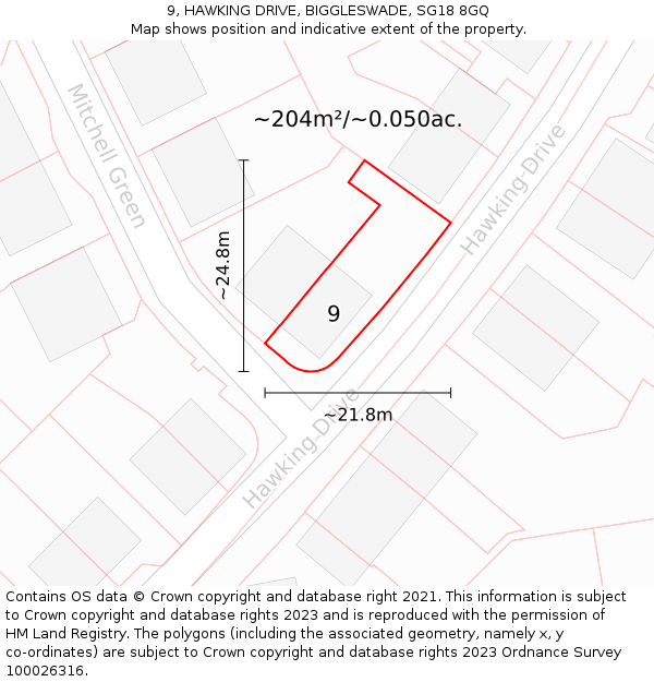 9, HAWKING DRIVE, BIGGLESWADE, SG18 8GQ: Plot and title map