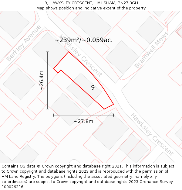 9, HAWKSLEY CRESCENT, HAILSHAM, BN27 3GH: Plot and title map