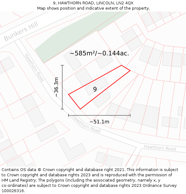 9, HAWTHORN ROAD, LINCOLN, LN2 4QX: Plot and title map