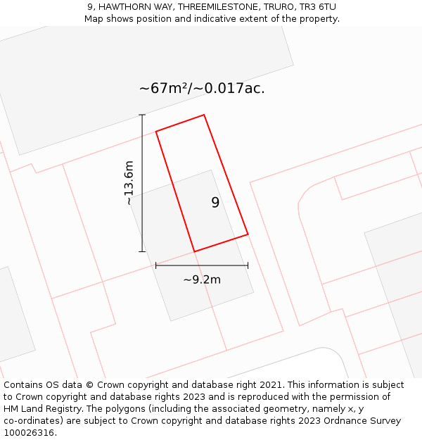 9, HAWTHORN WAY, THREEMILESTONE, TRURO, TR3 6TU: Plot and title map