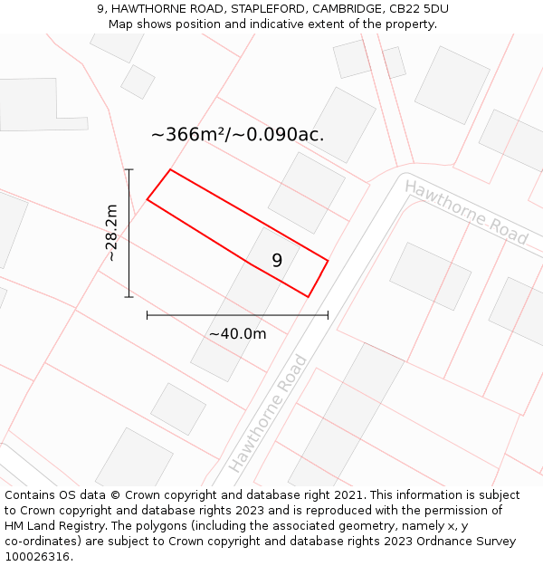 9, HAWTHORNE ROAD, STAPLEFORD, CAMBRIDGE, CB22 5DU: Plot and title map