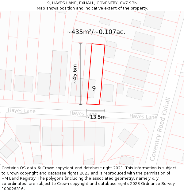 9, HAYES LANE, EXHALL, COVENTRY, CV7 9BN: Plot and title map