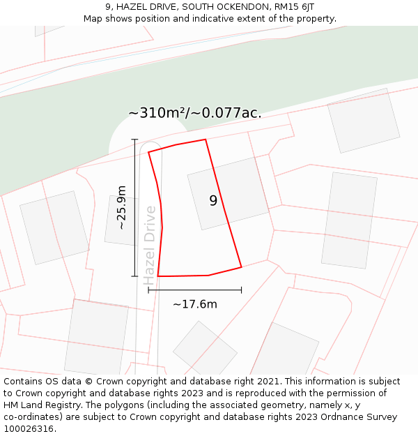 9, HAZEL DRIVE, SOUTH OCKENDON, RM15 6JT: Plot and title map