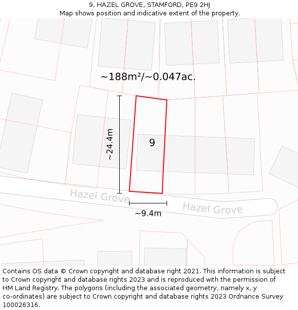 9, HAZEL GROVE, STAMFORD, PE9 2HJ: Plot and title map