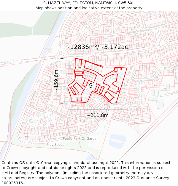 9, HAZEL WAY, EDLESTON, NANTWICH, CW5 5XH: Plot and title map