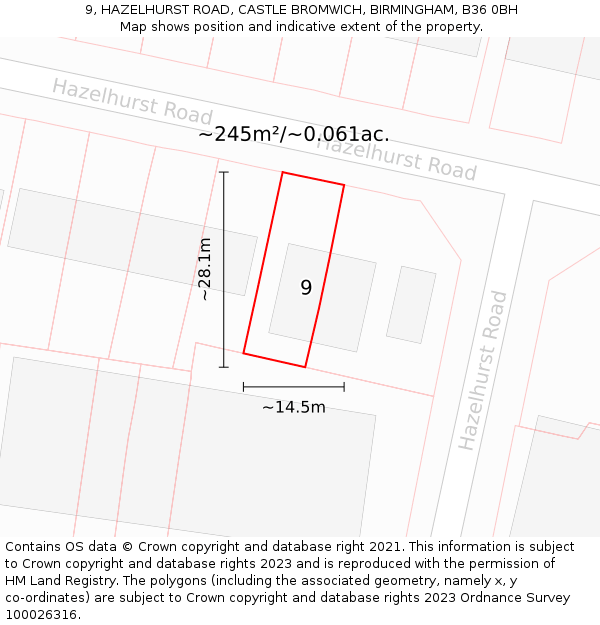 9, HAZELHURST ROAD, CASTLE BROMWICH, BIRMINGHAM, B36 0BH: Plot and title map