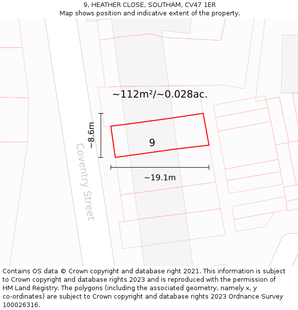 9, HEATHER CLOSE, SOUTHAM, CV47 1ER: Plot and title map