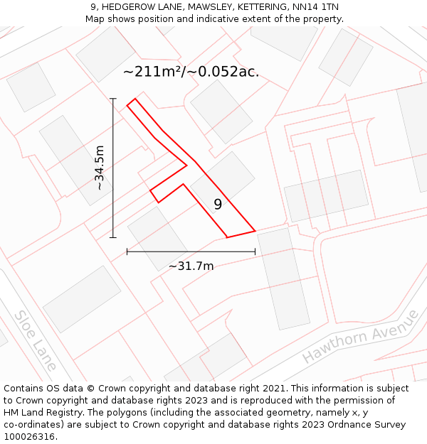 9, HEDGEROW LANE, MAWSLEY, KETTERING, NN14 1TN: Plot and title map