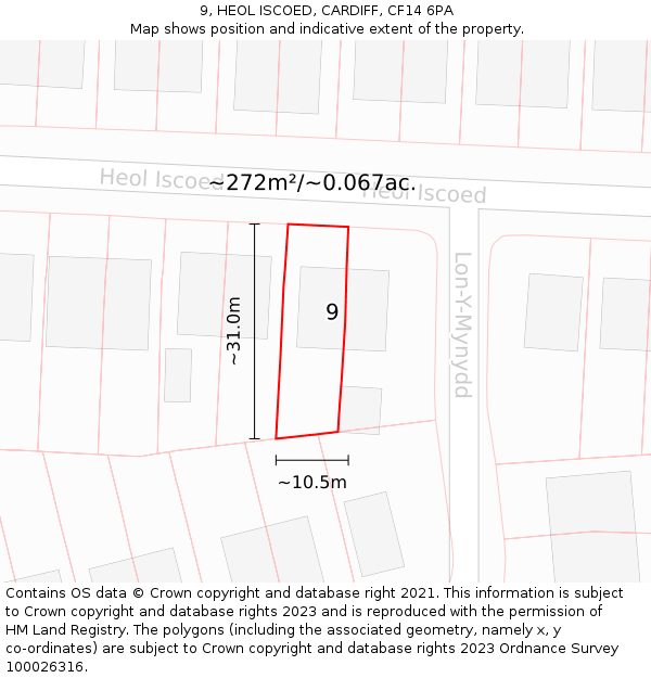 9, HEOL ISCOED, CARDIFF, CF14 6PA: Plot and title map