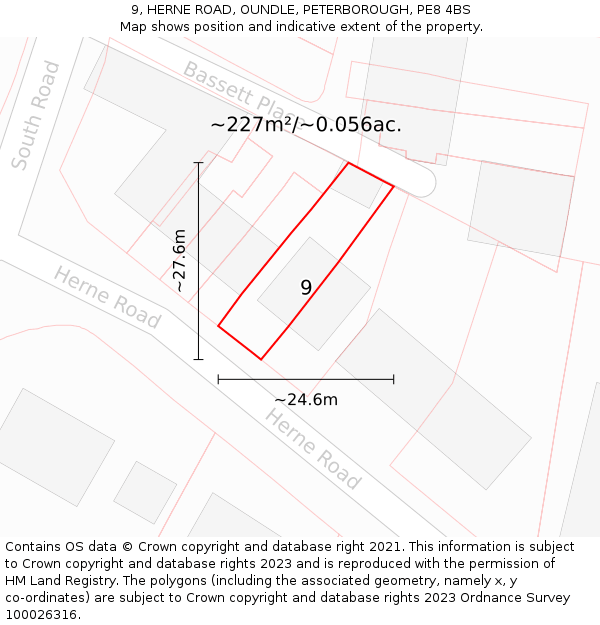 9, HERNE ROAD, OUNDLE, PETERBOROUGH, PE8 4BS: Plot and title map