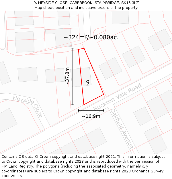 9, HEYSIDE CLOSE, CARRBROOK, STALYBRIDGE, SK15 3LZ: Plot and title map