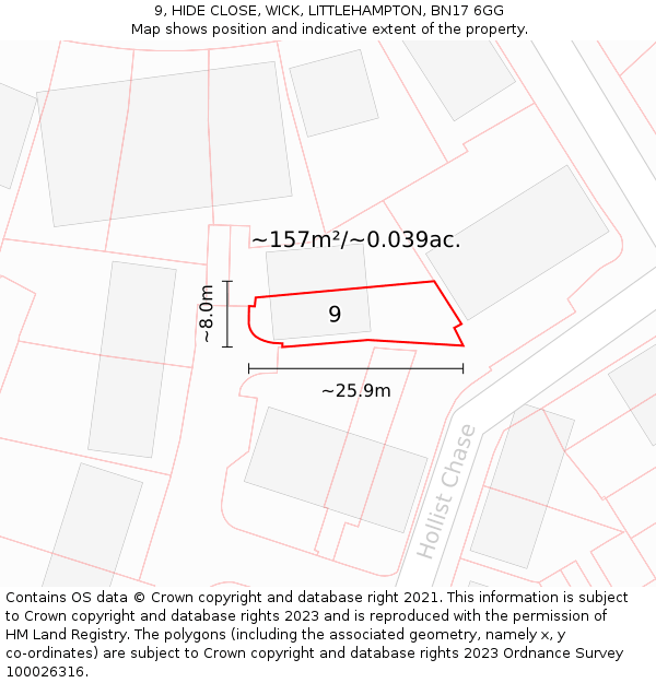 9, HIDE CLOSE, WICK, LITTLEHAMPTON, BN17 6GG: Plot and title map