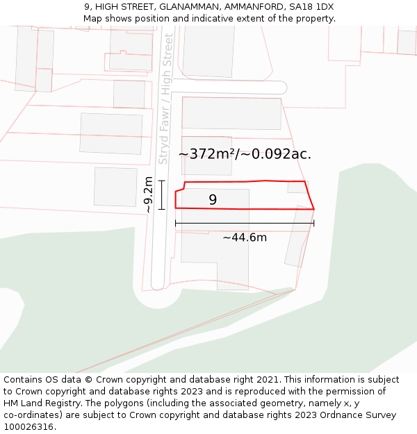 9, HIGH STREET, GLANAMMAN, AMMANFORD, SA18 1DX: Plot and title map