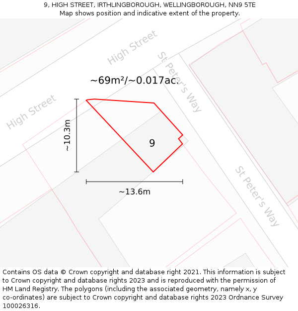 9, HIGH STREET, IRTHLINGBOROUGH, WELLINGBOROUGH, NN9 5TE: Plot and title map