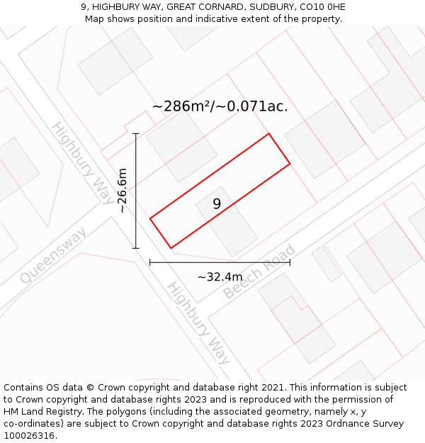 9, HIGHBURY WAY, GREAT CORNARD, SUDBURY, CO10 0HE: Plot and title map