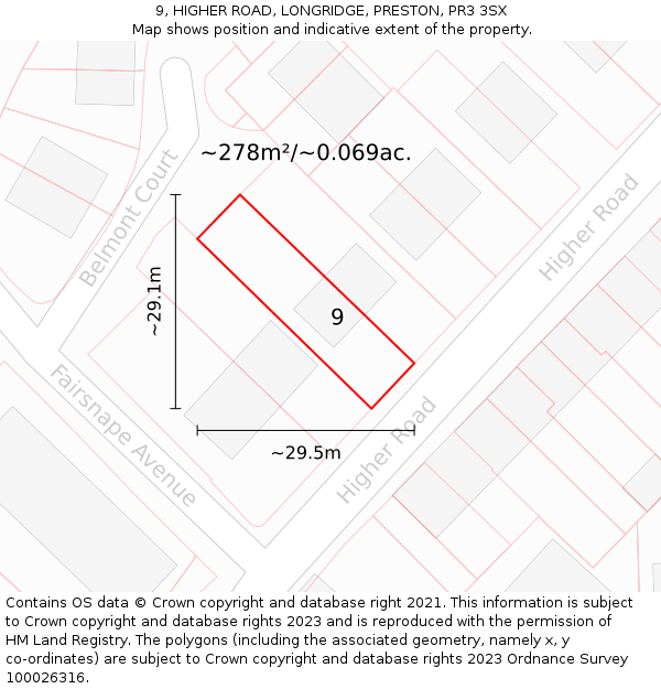 9, HIGHER ROAD, LONGRIDGE, PRESTON, PR3 3SX: Plot and title map