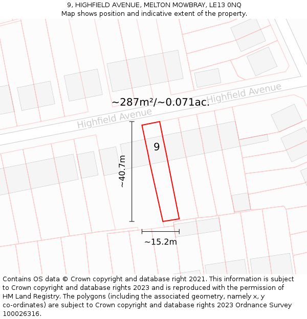 9, HIGHFIELD AVENUE, MELTON MOWBRAY, LE13 0NQ: Plot and title map