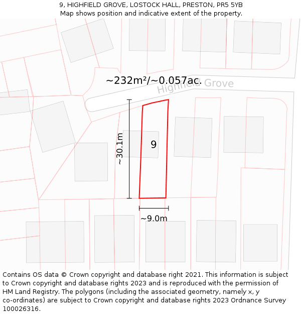 9, HIGHFIELD GROVE, LOSTOCK HALL, PRESTON, PR5 5YB: Plot and title map