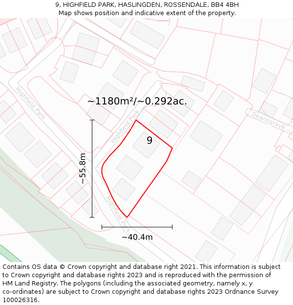 9, HIGHFIELD PARK, HASLINGDEN, ROSSENDALE, BB4 4BH: Plot and title map