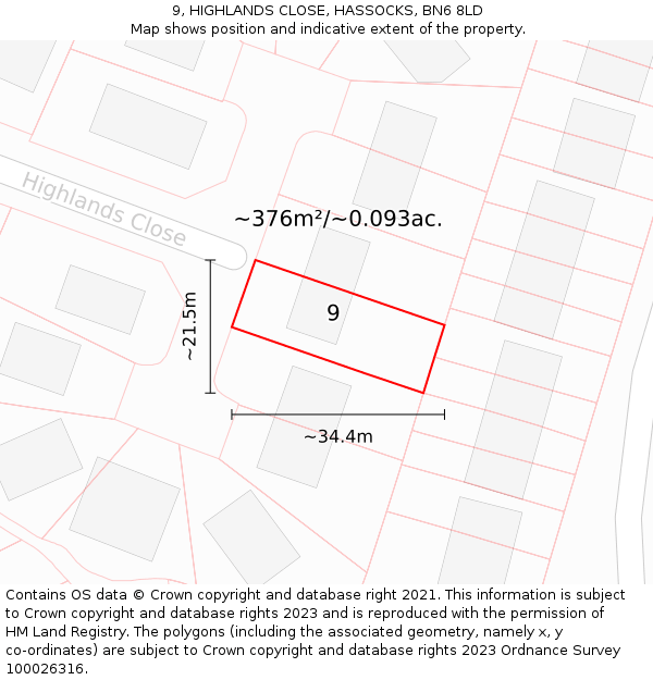 9, HIGHLANDS CLOSE, HASSOCKS, BN6 8LD: Plot and title map