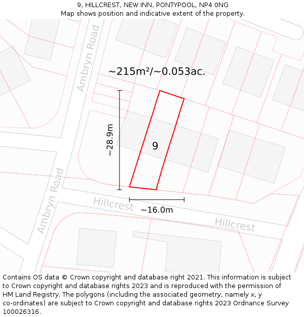 9, HILLCREST, NEW INN, PONTYPOOL, NP4 0NG: Plot and title map